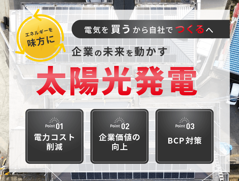 企業の未来を動かす太陽光発電。電力コスト削減、企業価値の向上、BCP対策などのメリットを紹介。屋根に太陽光パネルが設置された工場または企業施設の上空写真。